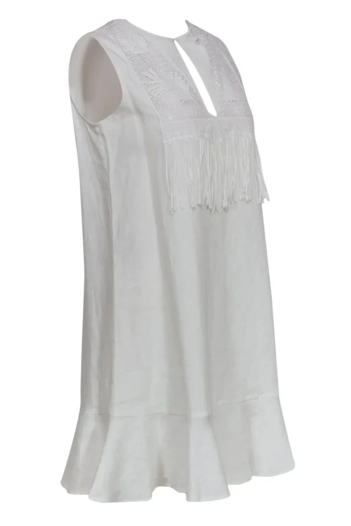 Miguelina - White Linen Shift Dress w/ Embroidery & Fringe Sz XS