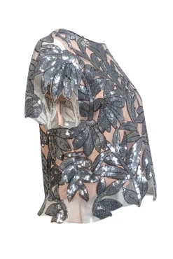 Milly - Beige Short Sleeve w/ Silver Sequin Print Sz S