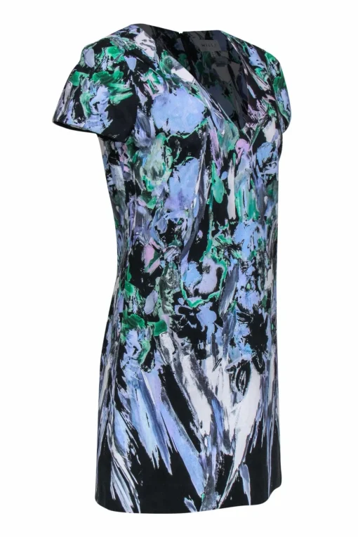 Milly - Black & Pastel Multicolor Brush Stroke V-Neck Dress Sz 8