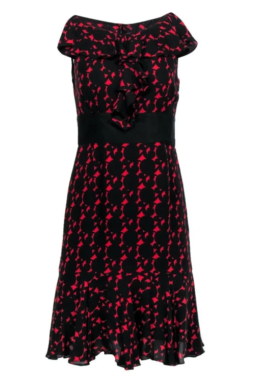 Milly - Black & Red Pattern Ruffle Sleeveless A-Line Dress Sz 4