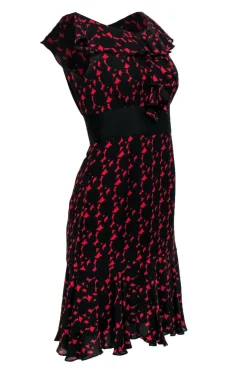 Milly - Black & Red Pattern Ruffle Sleeveless A-Line Dress Sz 4