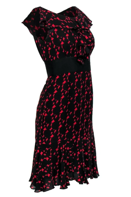 Milly - Black & Red Pattern Ruffle Sleeveless A-Line Dress Sz 4