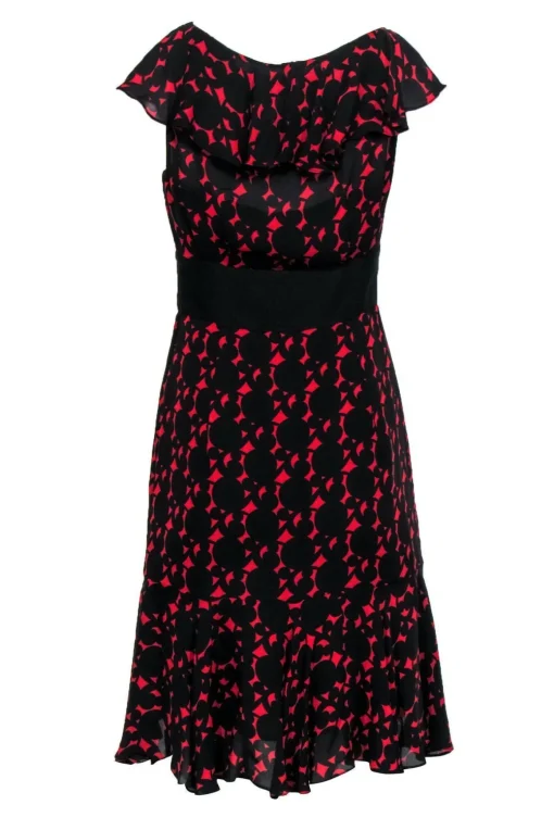 Milly - Black & Red Pattern Ruffle Sleeveless A-Line Dress Sz 4