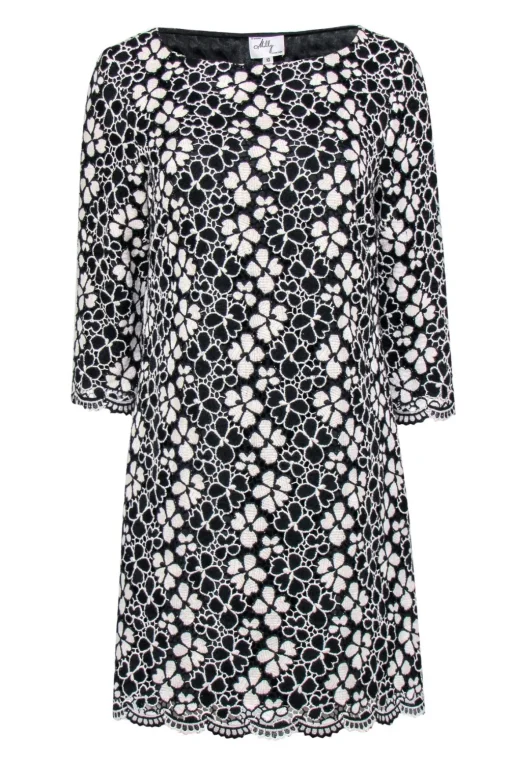Milly - Black & White Floral Embroidered Quarter Sleeve Shift Dress Sz 10