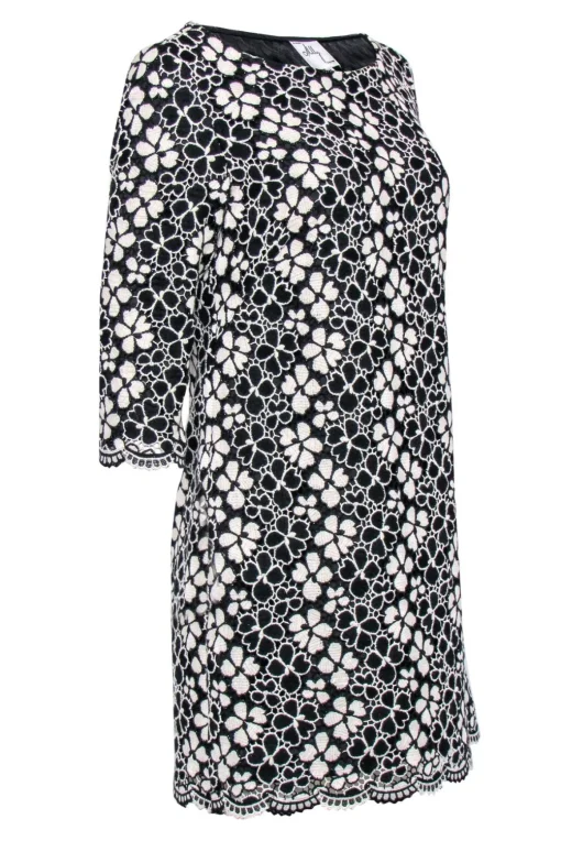Milly - Black & White Floral Embroidered Quarter Sleeve Shift Dress Sz 10