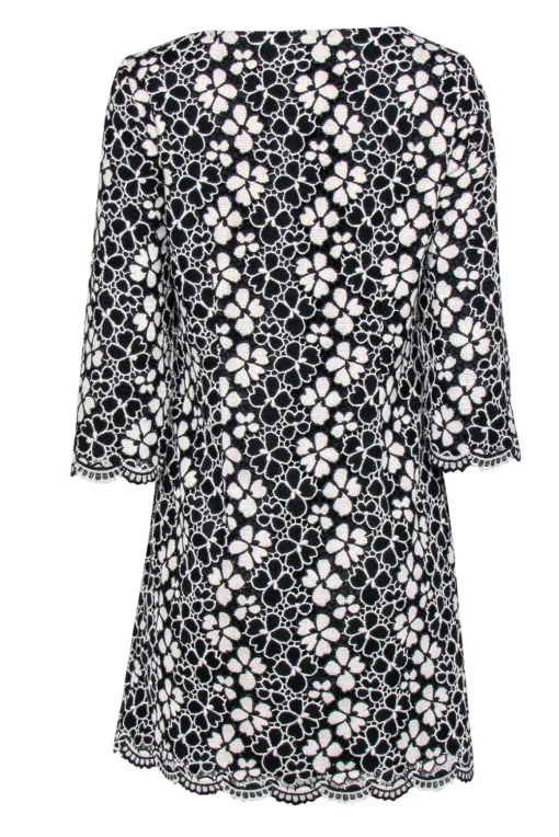 Milly - Black & White Floral Embroidered Quarter Sleeve Shift Dress Sz 10