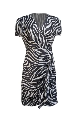 Milly - Black & White Zebra Print Satin Faux Wrap Dress Sz 10