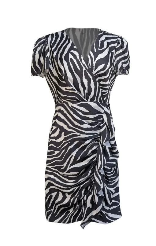 Milly - Black & White Zebra Print Satin Faux Wrap Dress Sz 10