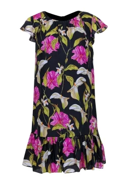 Milly - Black w/ Pink & Green Floral Print Silk Dress Sz S