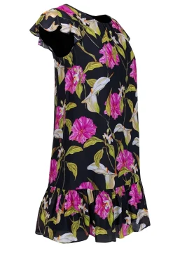 Milly - Black w/ Pink & Green Floral Print Silk Dress Sz S