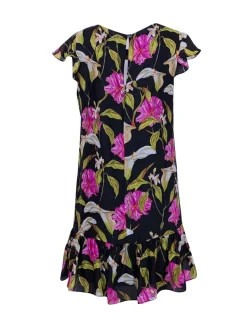 Milly - Black w/ Pink & Green Floral Print Silk Dress Sz S