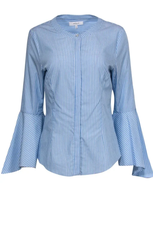 Milly - Blue & White Striped Button-Up Blouse w/ Bell Sleeves Sz 8