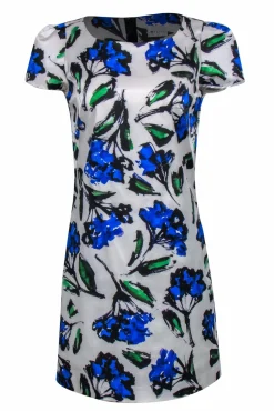 Milly - Blue, Green & White Painted Floral Cap Sleeve Shift Dress Sz 8
