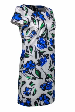 Milly - Blue, Green & White Painted Floral Cap Sleeve Shift Dress Sz 8