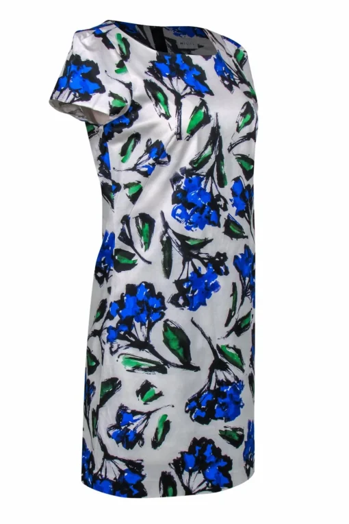 Milly - Blue, Green & White Painted Floral Cap Sleeve Shift Dress Sz 8