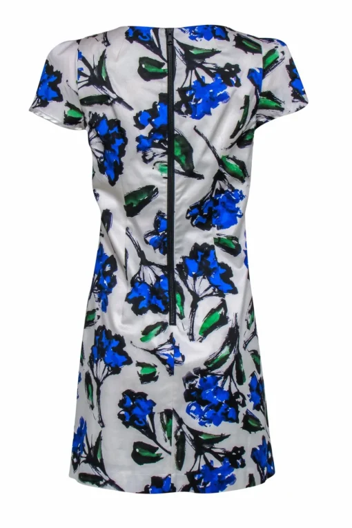 Milly - Blue, Green & White Painted Floral Cap Sleeve Shift Dress Sz 8