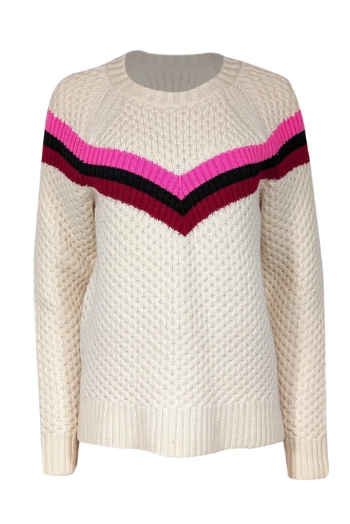 Milly - Cream Wool Blend Popcorn Stitch Sweater w/ Varsity Stripes Sz L