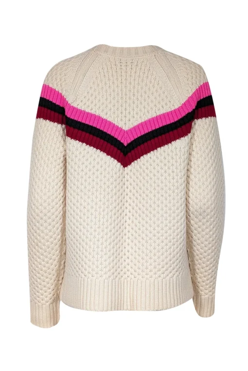 Milly - Cream Wool Blend Popcorn Stitch Sweater w/ Varsity Stripes Sz L