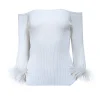 Milly - Ecru White Off-The-Shoulder Faux Feather-Trim Top Sz M