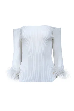 Milly - Ecru White Off-The-Shoulder Faux Feather-Trim Top Sz M