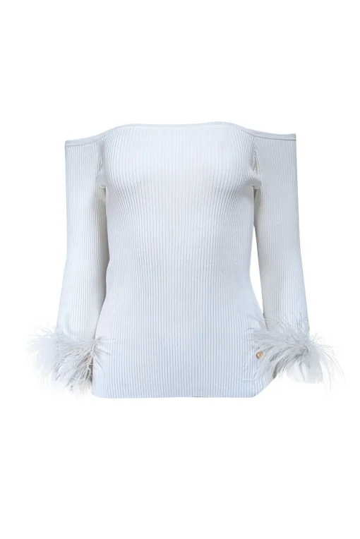 Milly - Ecru White Off-The-Shoulder Faux Feather-Trim Top Sz M