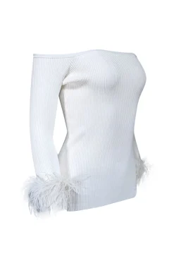 Milly - Ecru White Off-The-Shoulder Faux Feather-Trim Top Sz M