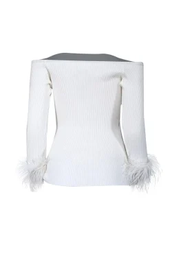 Milly - Ecru White Off-The-Shoulder Faux Feather-Trim Top Sz M