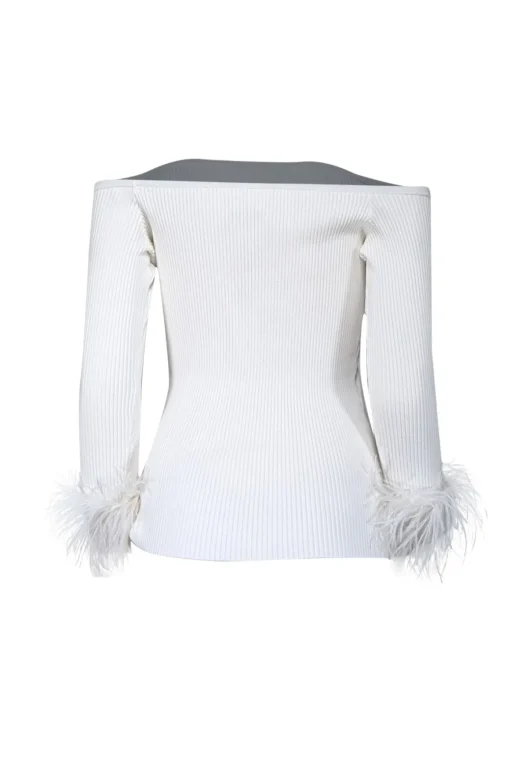 Milly - Ecru White Off-The-Shoulder Faux Feather-Trim Top Sz M