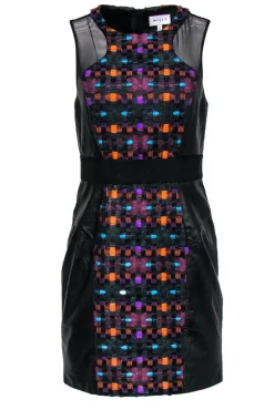 Milly - Multicolored Tweed Paneled Dress w/ Leather & Mesh Sz 6