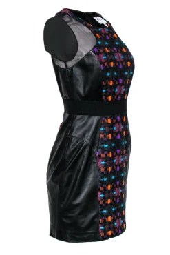 Milly - Multicolored Tweed Paneled Dress w/ Leather & Mesh Sz 6