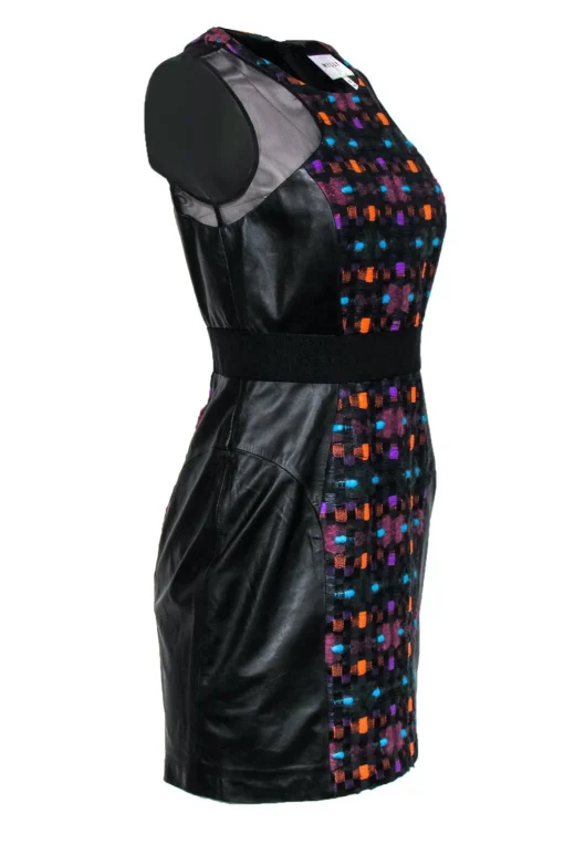 Milly - Multicolored Tweed Paneled Dress w/ Leather & Mesh Sz 6