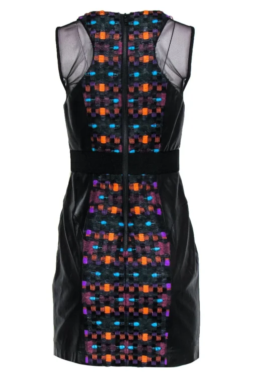 Milly - Multicolored Tweed Paneled Dress w/ Leather & Mesh Sz 6