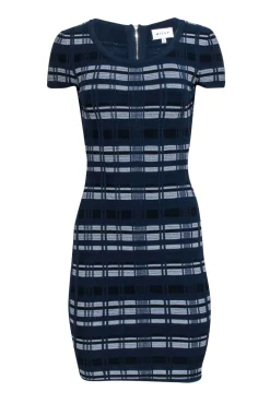 Milly - Navy & White Textured Plaid Knit Bodycon Dress Sz S