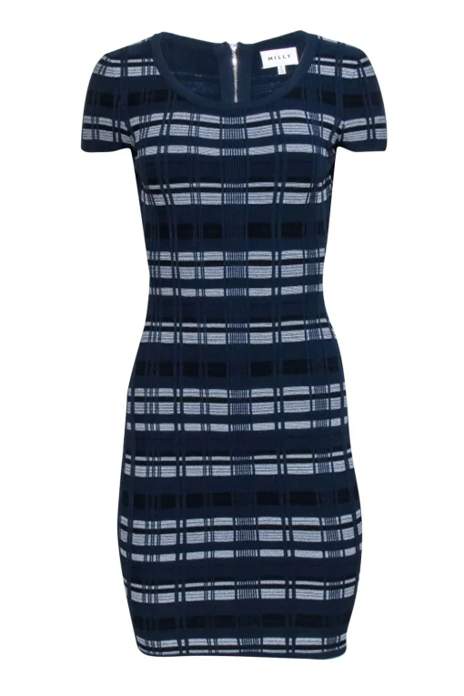 Milly - Navy & White Textured Plaid Knit Bodycon Dress Sz S