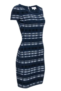 Milly - Navy & White Textured Plaid Knit Bodycon Dress Sz S