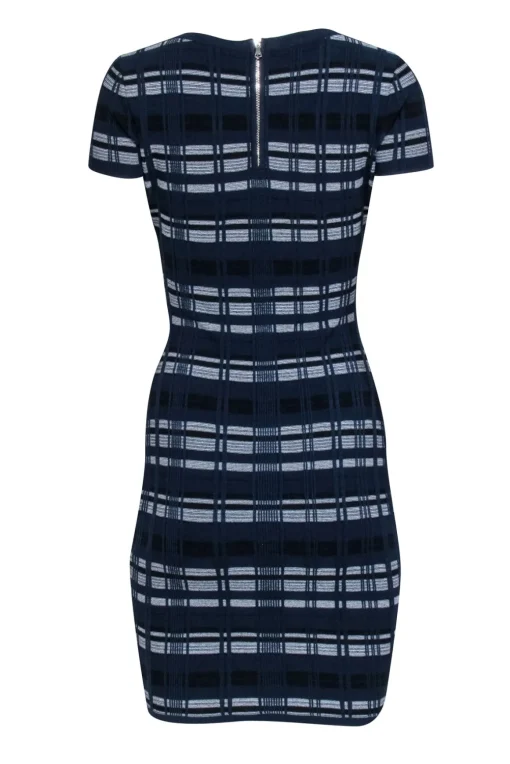 Milly - Navy & White Textured Plaid Knit Bodycon Dress Sz S