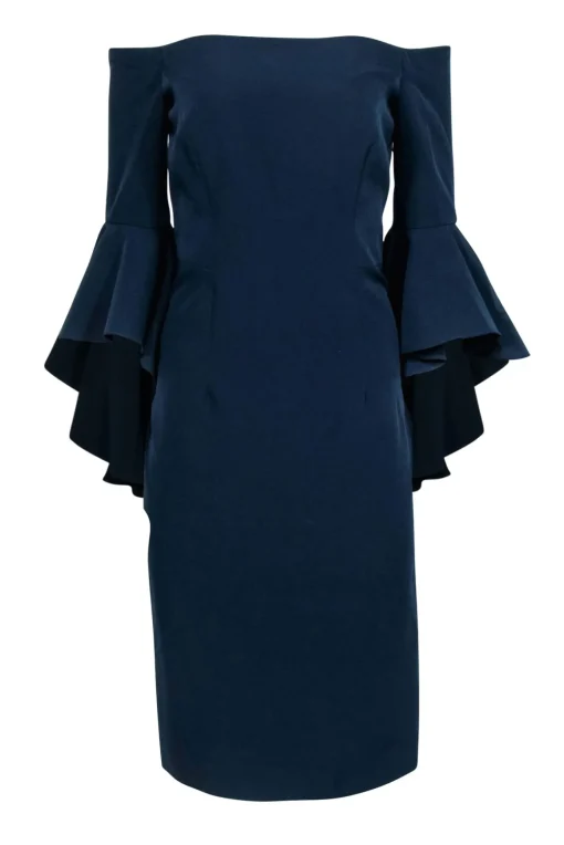 Milly - Navy Off-the-Shoulder Ruffle Sleeve Sheath Dress Sz 10