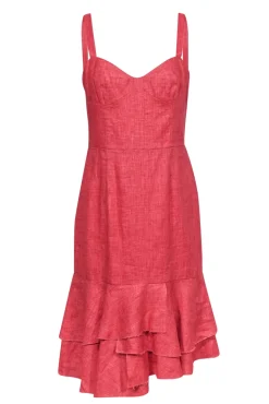 Milly - Red "Kendall" Linen Fitted Midi Dress w/ Detailed Bodice & Ruffle Hem Sz 8