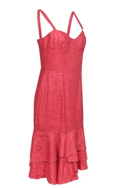 Milly - Red "Kendall" Linen Fitted Midi Dress w/ Detailed Bodice & Ruffle Hem Sz 8