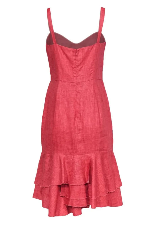 Milly - Red "Kendall" Linen Fitted Midi Dress w/ Detailed Bodice & Ruffle Hem Sz 8