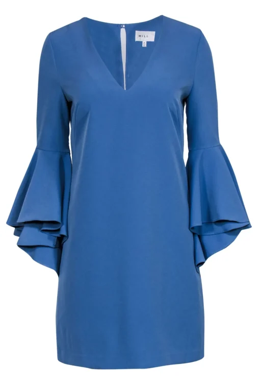 Milly - Slate Blue V-Neck Shift Dress w/ Ruffle Bell Sleeves Sz 6