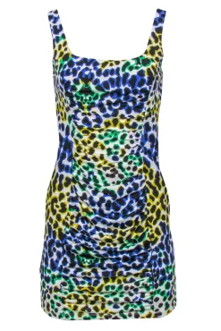 Milly - White & Multicolor Leopard Print Sleeveless Ruched Bodycon Dress Sz M