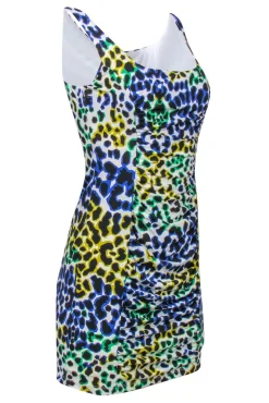 Milly - White & Multicolor Leopard Print Sleeveless Ruched Bodycon Dress Sz M