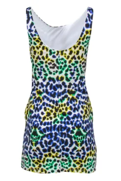 Milly - White & Multicolor Leopard Print Sleeveless Ruched Bodycon Dress Sz M