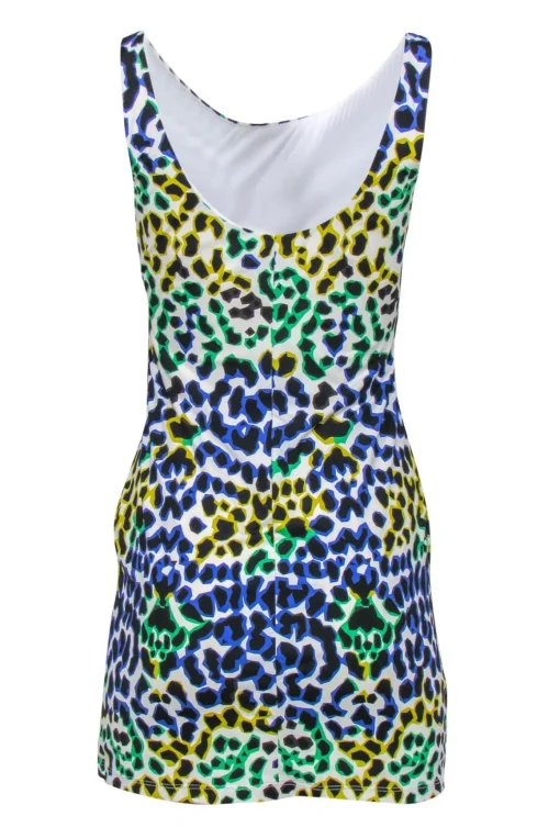 Milly - White & Multicolor Leopard Print Sleeveless Ruched Bodycon Dress Sz M
