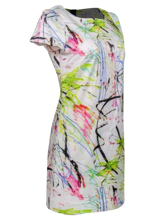 Milly - White & Multi-Scribbled Print Cotton Blend Sheath Dress Sz 6