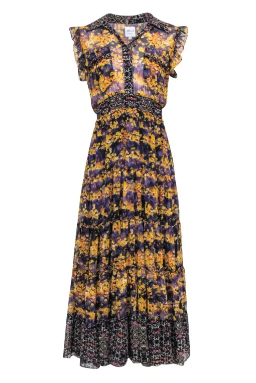 MISA Los Angeles - Mustard & Deep Purple Floral Maxi Dress Sz XS