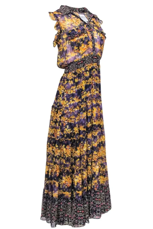 MISA Los Angeles - Mustard & Deep Purple Floral Maxi Dress Sz XS
