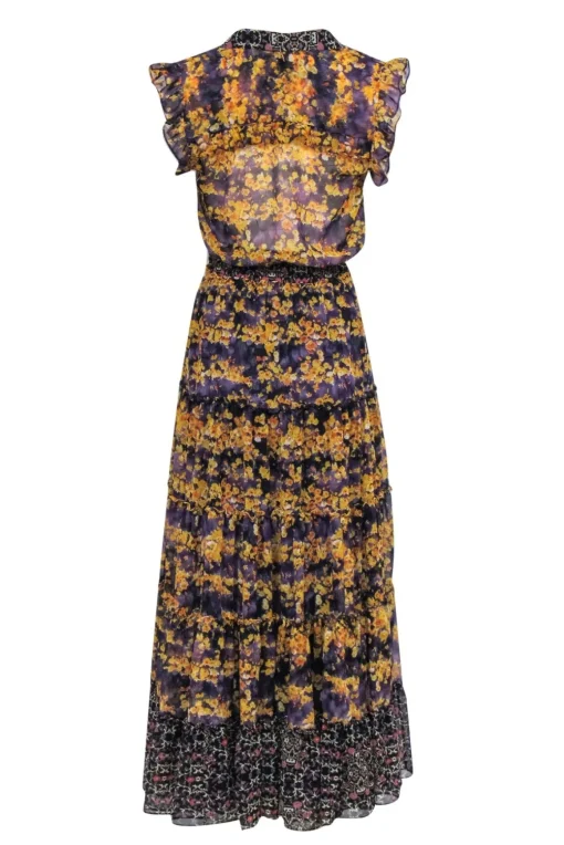 MISA Los Angeles - Mustard & Deep Purple Floral Maxi Dress Sz XS