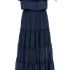MISA Los Angeles - Navy Ruffle Tiered Off The Shoulder Midi Dress Sz XS